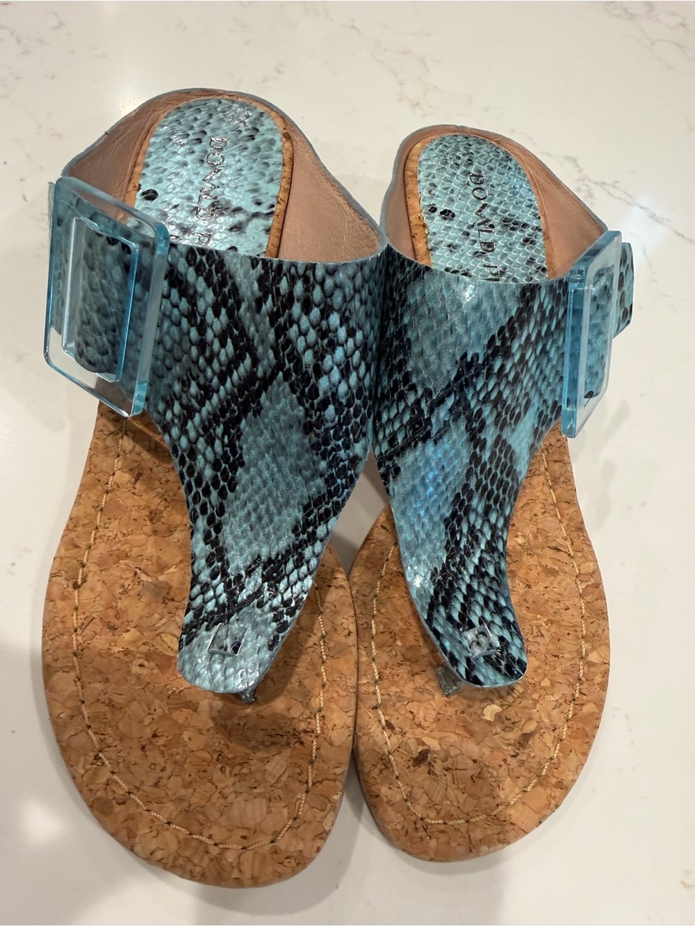 Donald J Pliner Women's 9.5 Blue Snake Oltina Buckled Wedge Thong Sandal